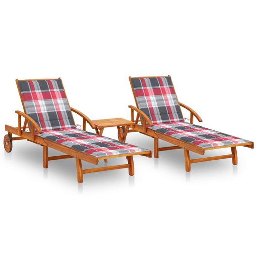 Espreguiçadeiras com mesa e almofadões 2 pcs acácia maciça