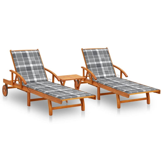 Espreguiçadeiras com mesa e almofadões 2 pcs acácia maciça