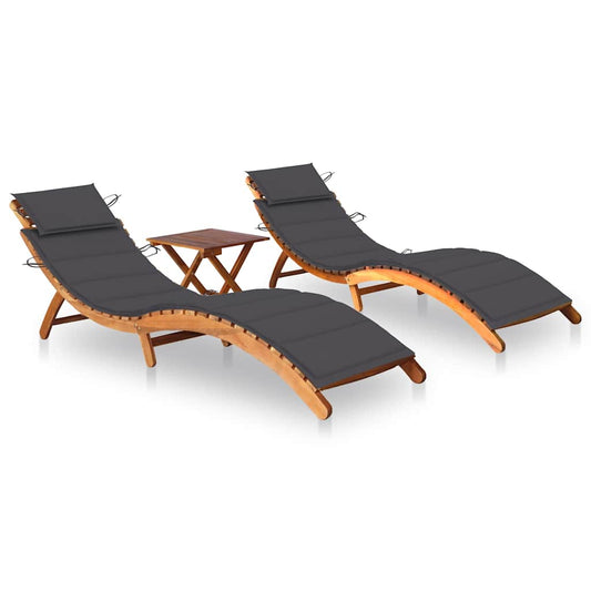Sun loungers with table and cushions 2 pcs solid acacia