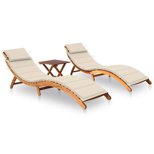 Sun loungers with table and cushions 2 pcs solid acacia