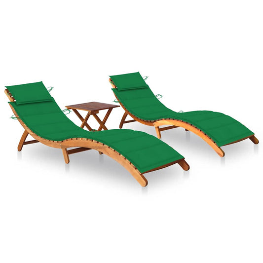 Sun loungers with table and cushions 2 pcs solid acacia