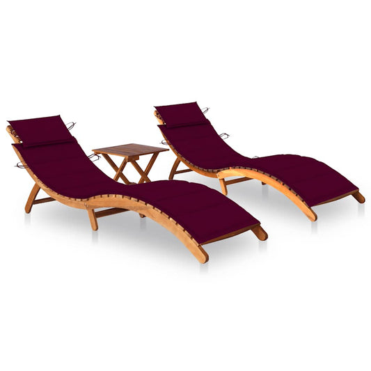 Sun loungers with table and cushions 2 pcs solid acacia