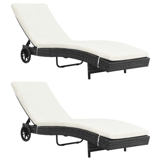 Sun loungers with wheels and cushions 2 pcs PE rattan black