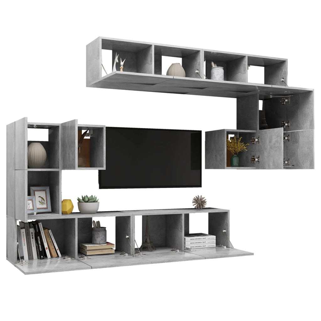 8 pcs conjunto móveis TV derivados de madeira cinzento cimento