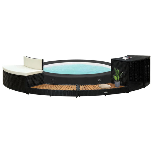 Black PE wicker and solid acacia wood spa surround