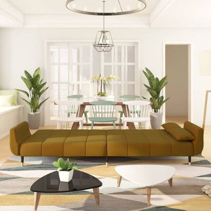2-seater sofa bed with two brown velvet cushions