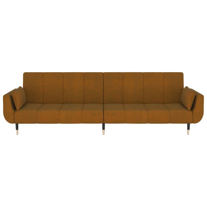 2-seater sofa bed with two brown velvet cushions