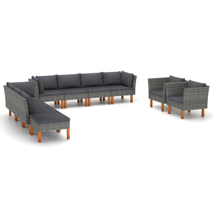10 pcs conj. lounge jardim vime PE e madeira eucalipto cinzento