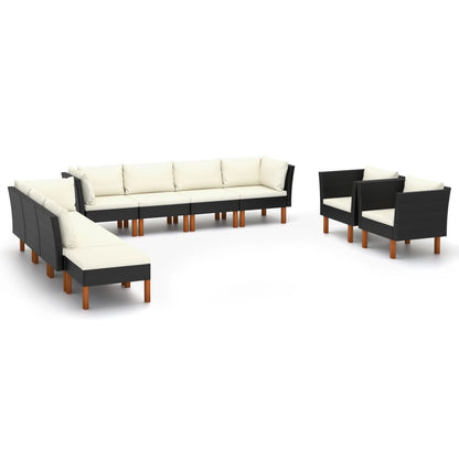 10 pcs conj. lounge jardim vime PE e madeira de eucalipto preto