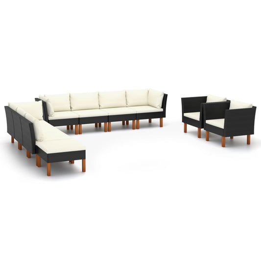 10 pcs conj. lounge jardim vime PE e madeira de eucalipto preto