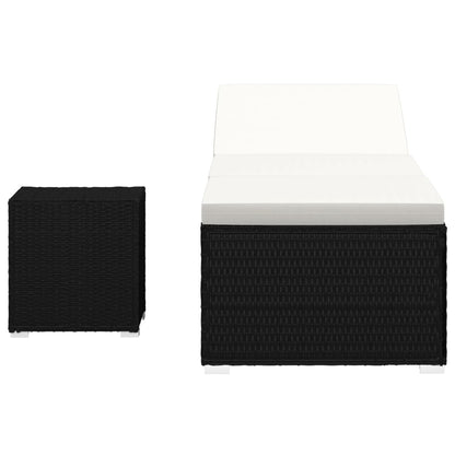 Sun lounger with cushion and coffee table in black PE wicker
