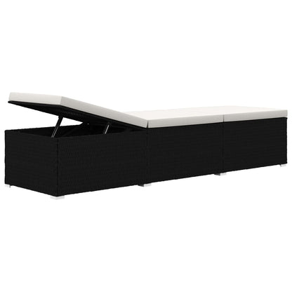 Sun lounger with cushion and coffee table in black PE wicker