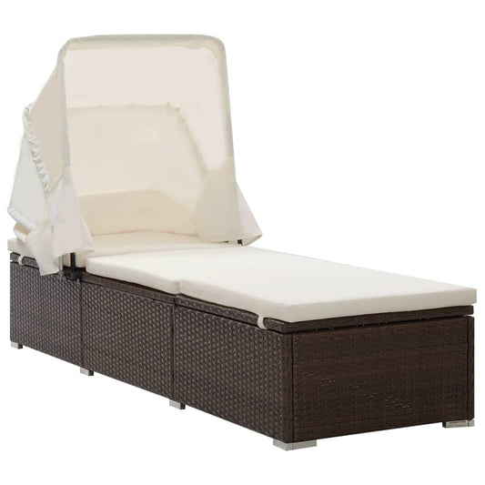 Sun lounger with canopy and cushion in brown PE wicker