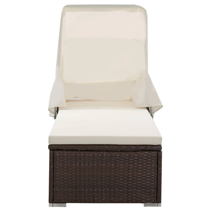 Sun lounger with canopy and cushion in brown PE wicker