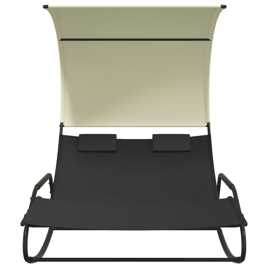 Double swing lounger with black and cream canopy