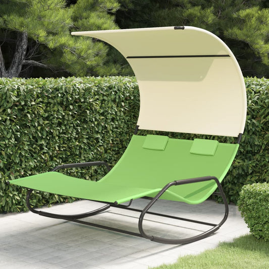 Double swing lounger with green and cream canopy