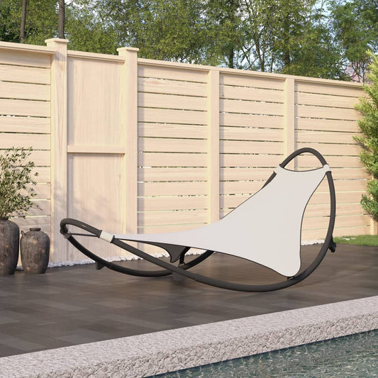 Rocking sun lounger with steel and cream-colored textilene wheels