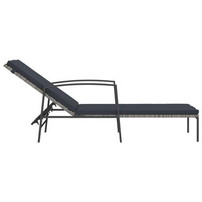 Garden sun lounger with cushion in grey poly rattan