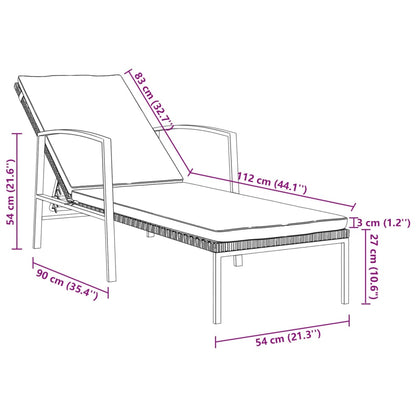 Garden sun lounger with cushion in grey poly rattan