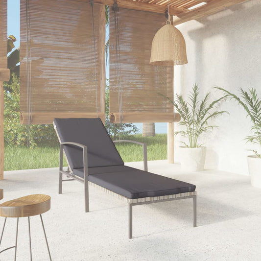 Garden sun lounger with cushion in grey poly rattan