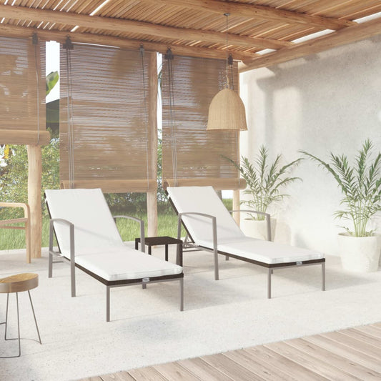 Sun loungers with table 2 pcs PE rattan brown