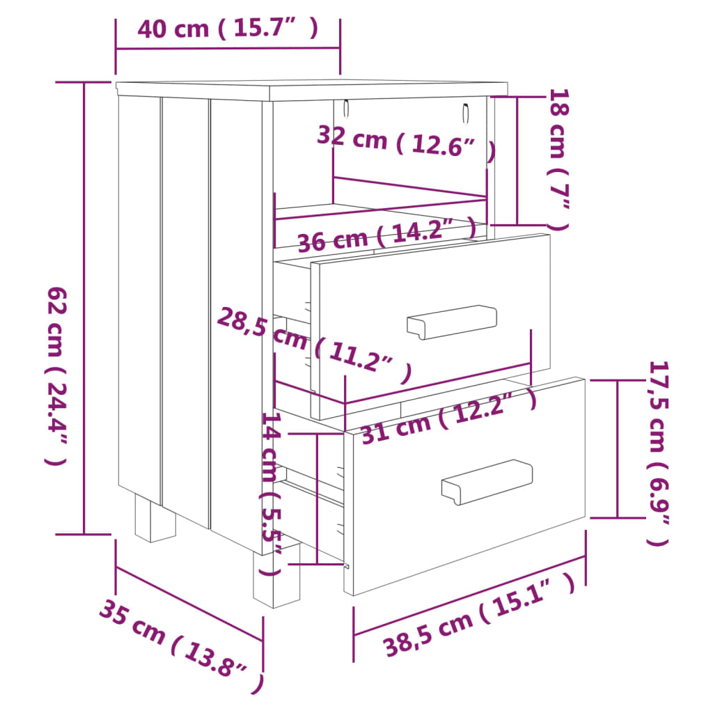 HAMAR bedside tables 2pcs 40x35x62 cm solid pine white