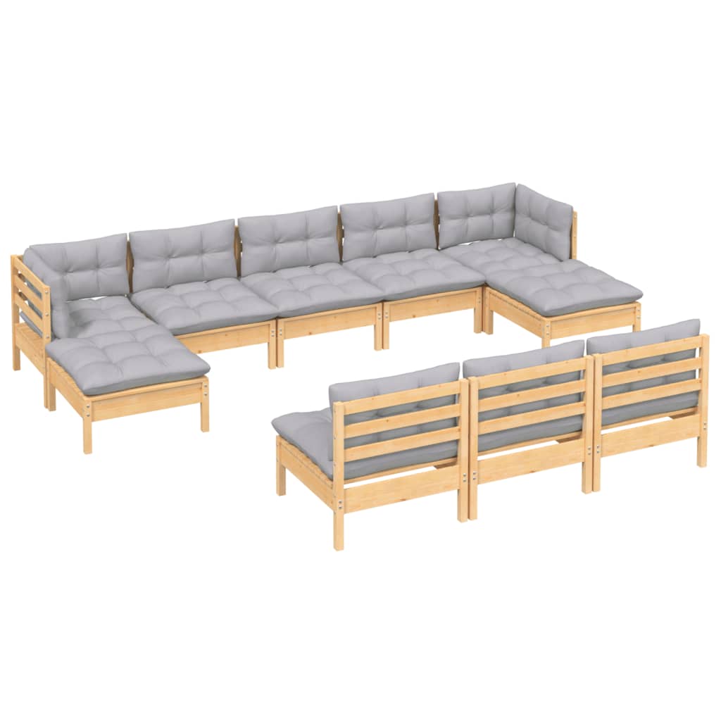 10 pcs conjunto lounge de jardim c/ almofadões cinzentos pinho