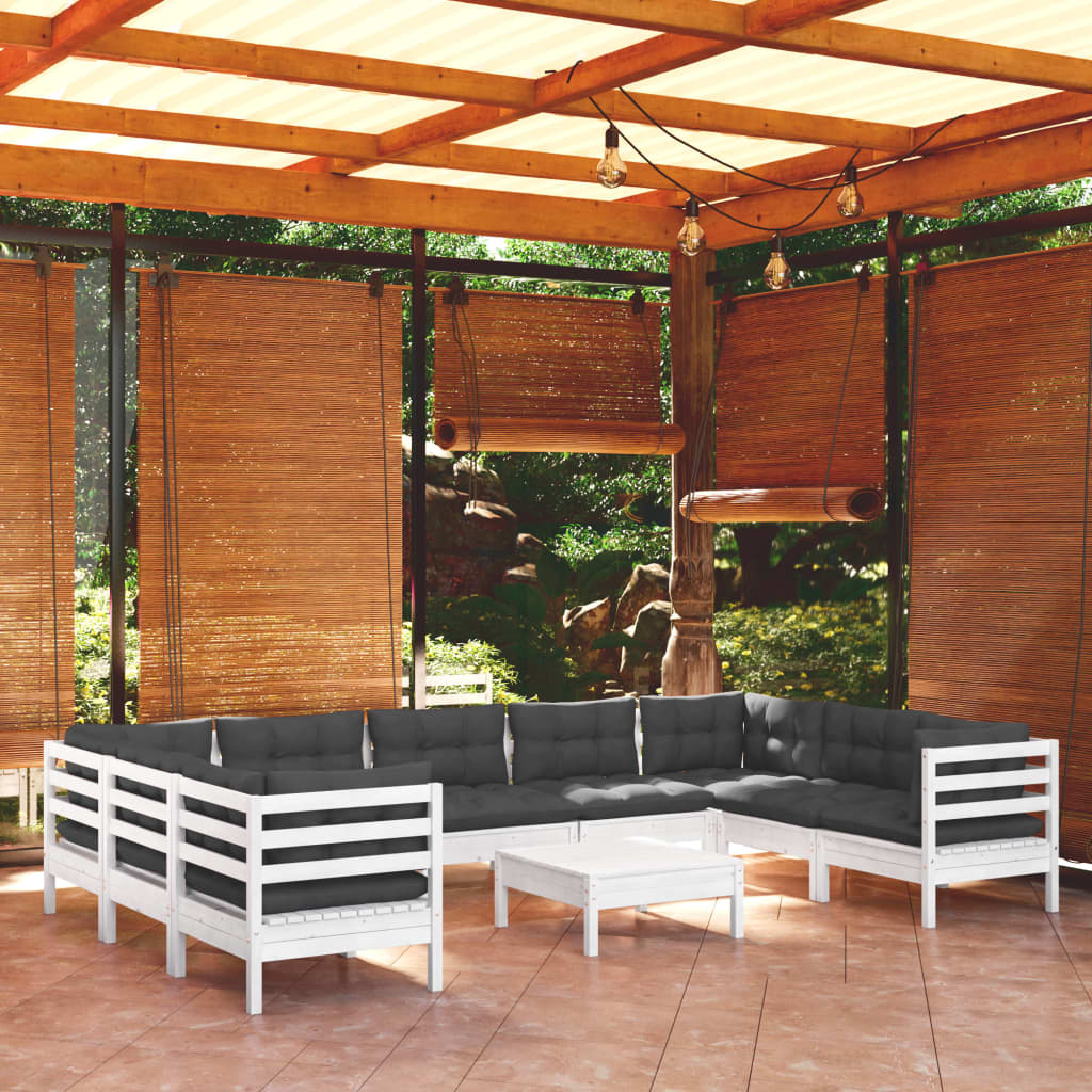 10 pcs conjunto lounge de jardim c/ almofadões pinho branco
