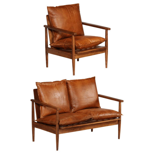 2 pcs conjunto de sofás couro genuíno e acácia maciça castanho