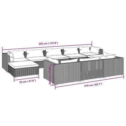 10 pcs conjunto lounge de jardim c/ almofadões vime PE preto