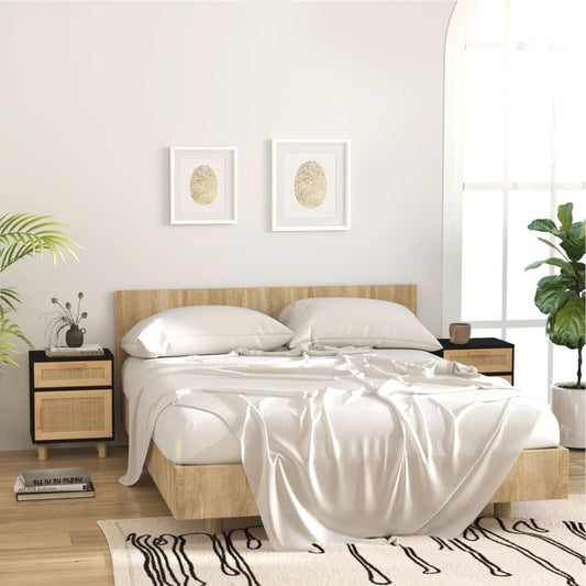Bedside tables 2 pcs solid pine and natural black wicker