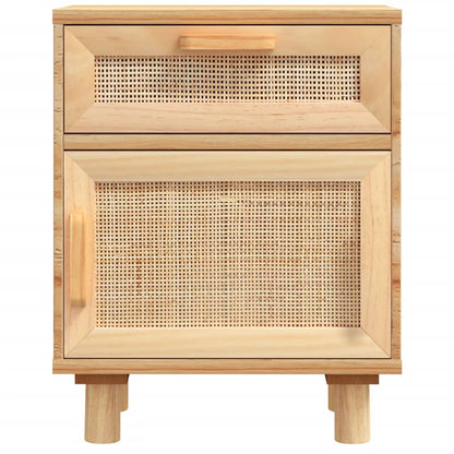 Bedside table in solid pine and brown natural wicker