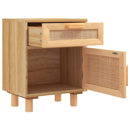 Bedside table in solid pine and brown natural wicker