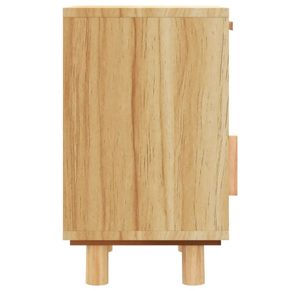 Bedside table in solid pine and brown natural wicker