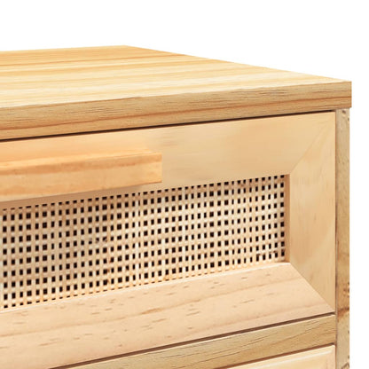 Bedside table in solid pine and brown natural wicker