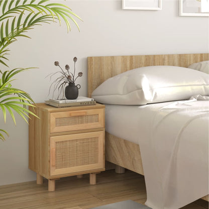 Bedside table in solid pine and brown natural wicker