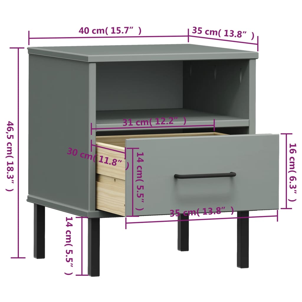 OSLO solid pine grey bedside table with metal legs