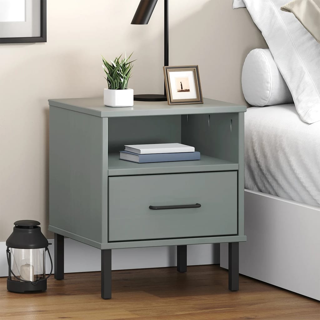 OSLO solid pine grey bedside table with metal legs