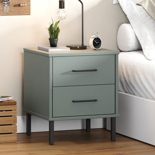 OSLO solid pine grey bedside table with metal legs