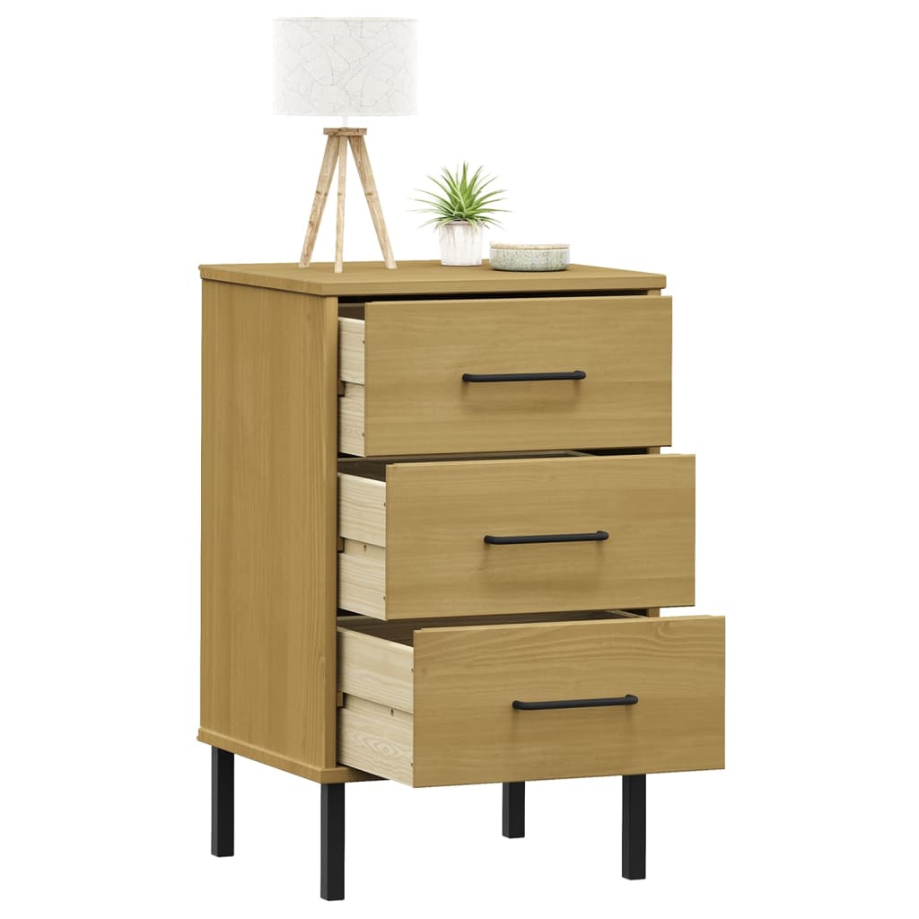 Bedside table with metal legs OSLO solid pine brown