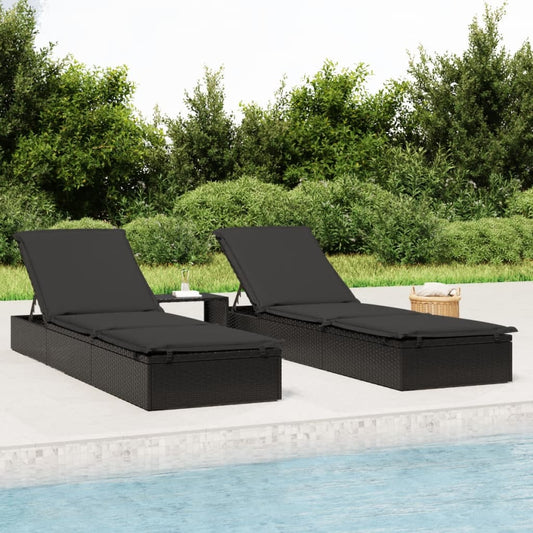 Sun lounger with black cushion 201x55x62 cm PE wicker