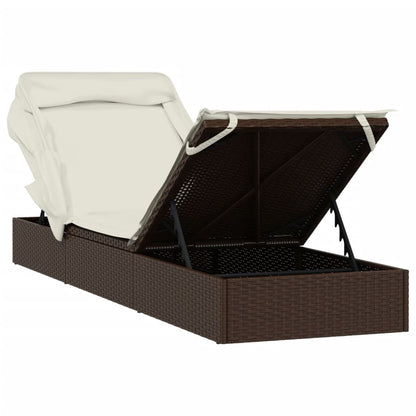 Sun lounger with folding roof 213x63x97 cm PE wicker brown