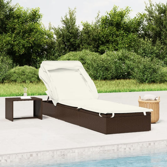 Sun lounger with folding roof 213x63x97 cm PE wicker brown