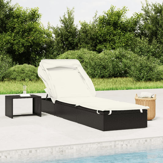 Sun lounger with folding roof 213x63x97 cm black PE wicker