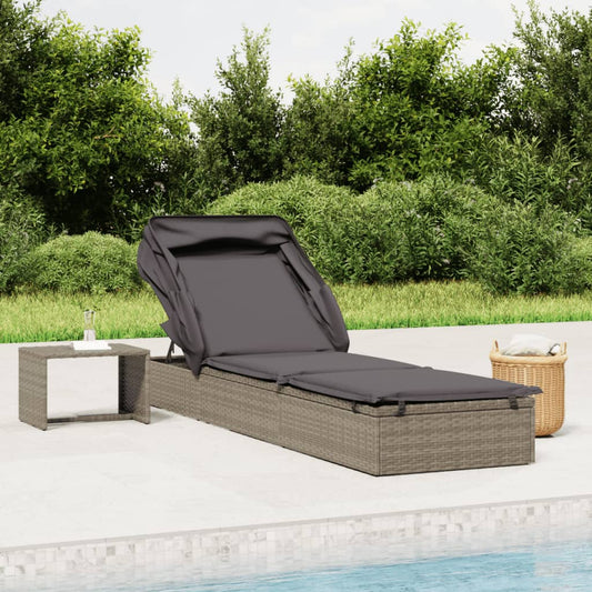 Sun lounger with folding roof 213x63x97 cm PE wicker grey