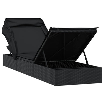 Sun lounger with folding roof 213x63x97 cm black PE wicker