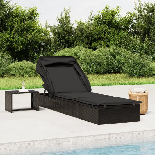 Sun lounger with folding roof 213x63x97 cm black PE wicker