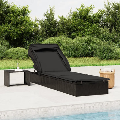 Sun lounger with folding roof 213x63x97 cm black PE wicker