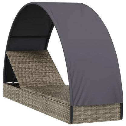 Sun lounger with round roof 211x57x140 cm PE wicker grey