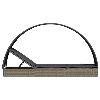 Sun lounger with round roof 211x57x140 cm PE wicker grey